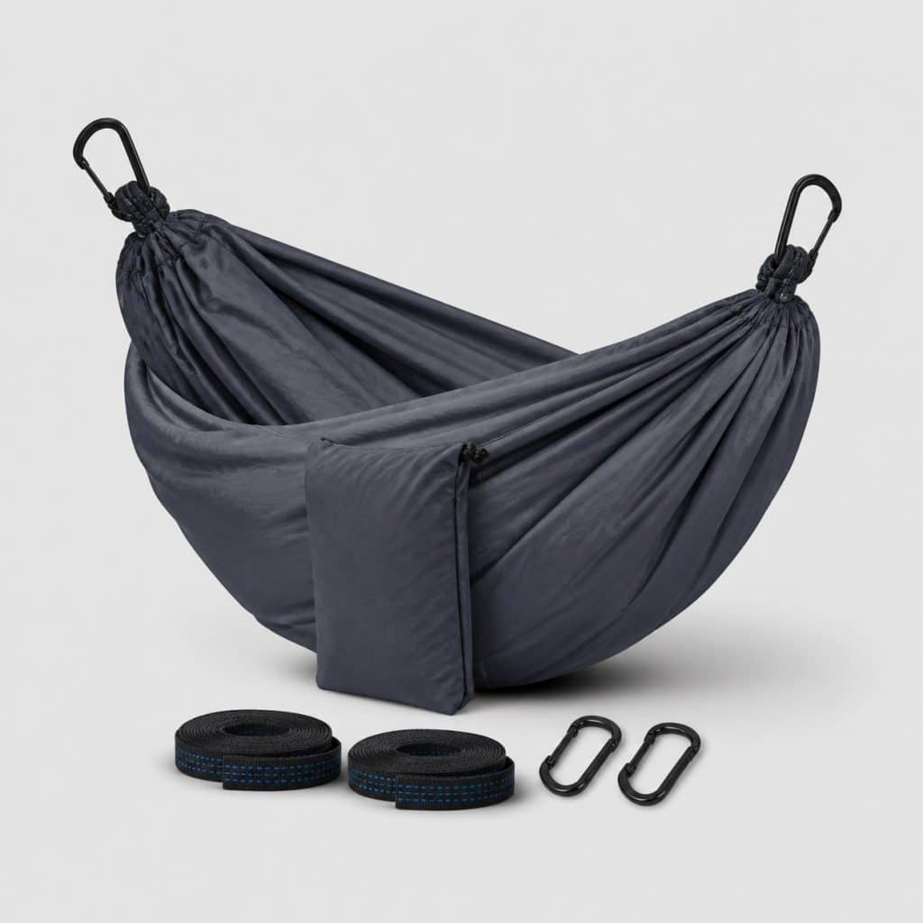 Hamac de camping plié avec ses sangles et mousquetons