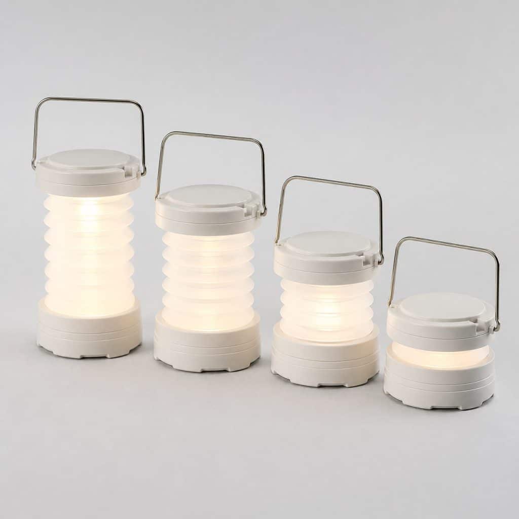Quatre lanternes de camping pliables sur fond clair