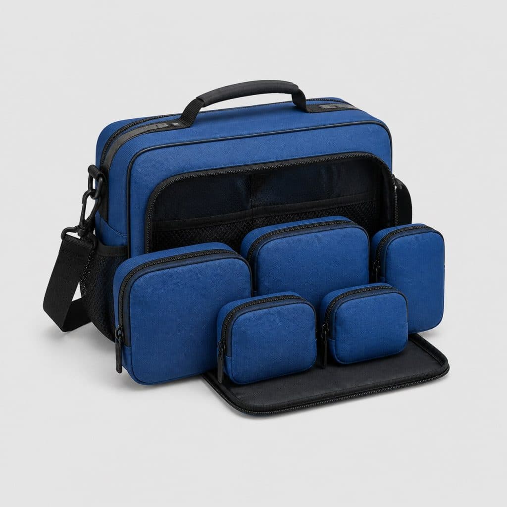 Sac de premiers secours bleu modulaire avec ses cinq pochettes