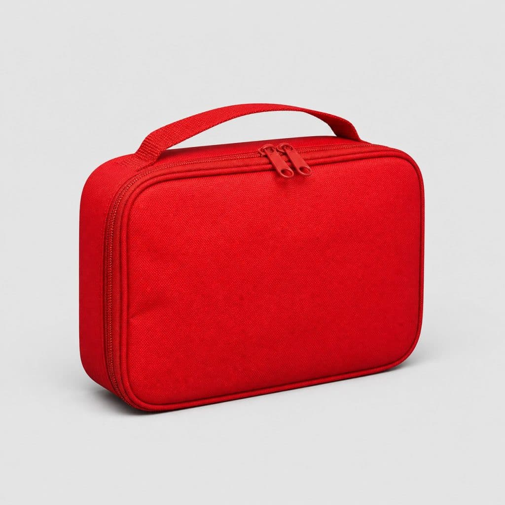 Trousse de premiers secours souple rouge fermée sur fond clair