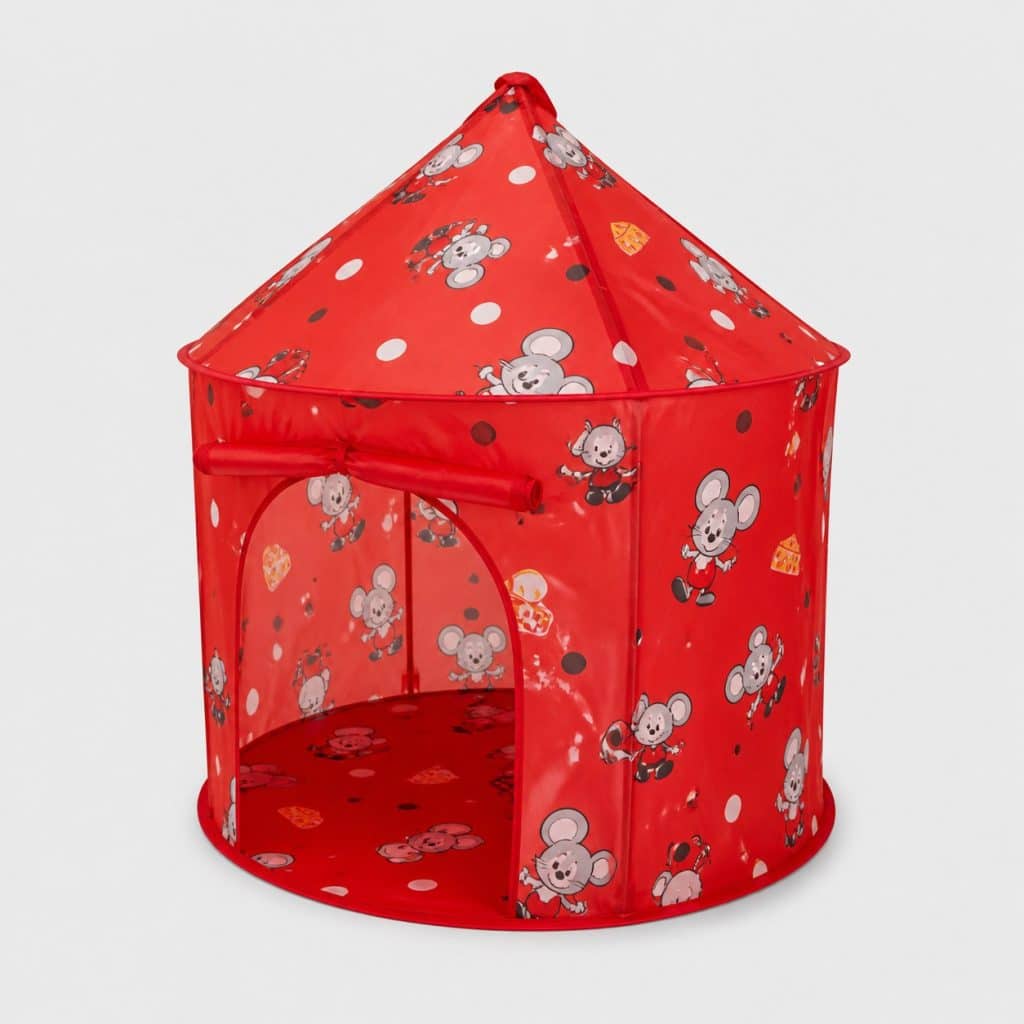 Tente pop-up enfant rouge à motif souris sur fond blanc