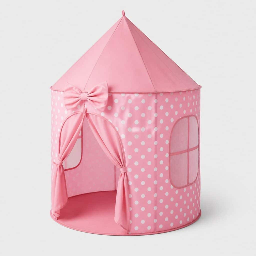 Tente pop-up enfant rose à pois avec nœud décoratif