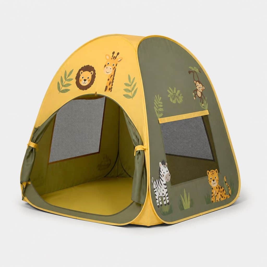Tente pop-up enfant kaki à motif animalier avec fenêtre