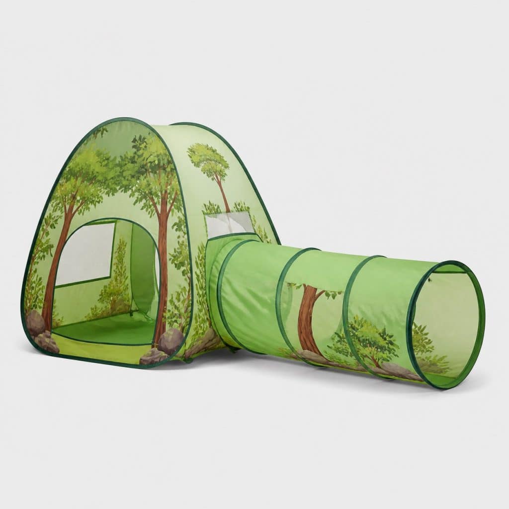 Tente pop-up verte à motif forêt avec tunnel attaché