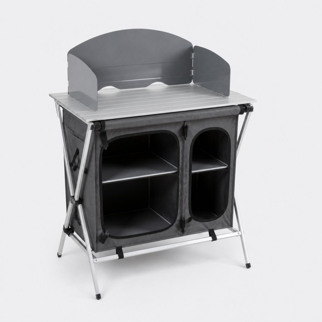 Meuble de cuisine de camping plié gris et noir sur fond clair